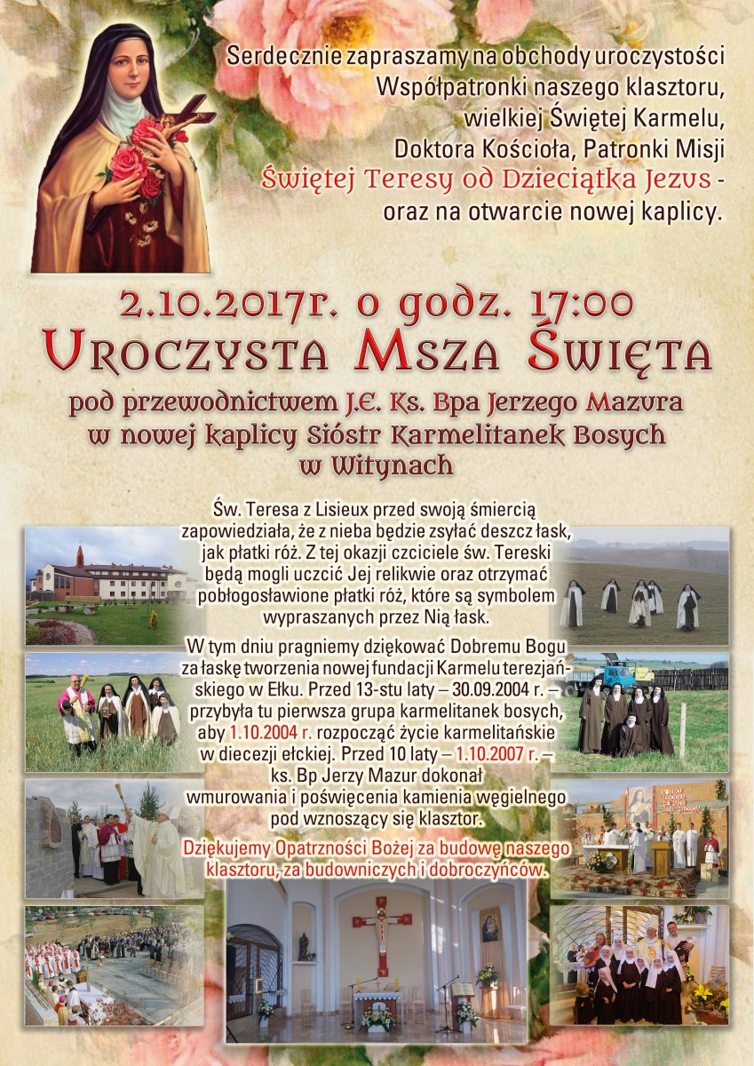 Zaproszenie na uroczystości św. Teresy z Lisieux i otwarcie nowej kaplicy